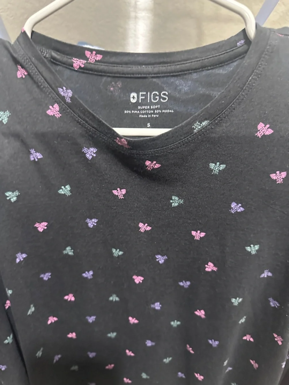 FIGS Black Tee with Pink, Teal & Medical Patterns - Picture 2 of 7